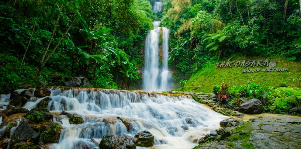 scenic waterfall in lush forest in vietnam